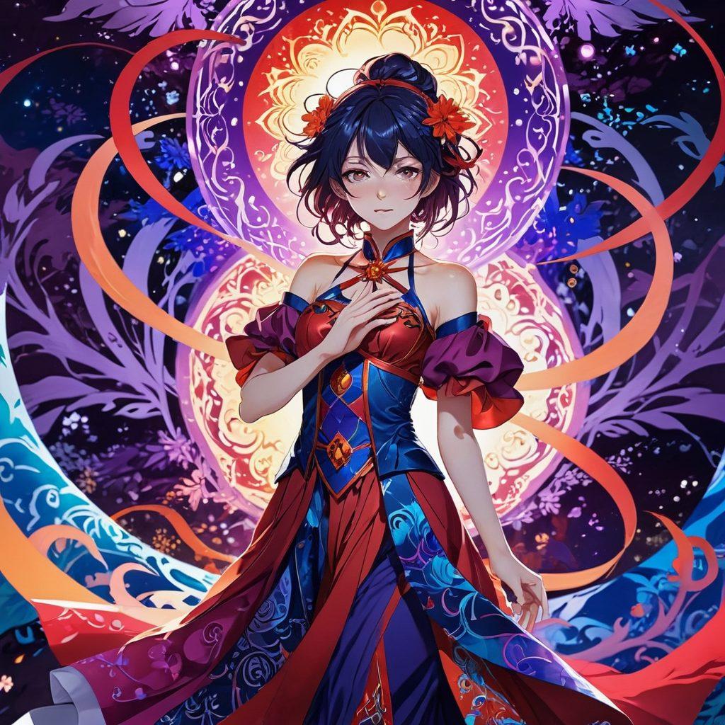 A captivating scene featuring an enchanting anime character in a vibrant, surreal landscape filled with vivid colors and intricate patterns. The character should embody elements of sensuality while maintaining an artistic elegance, surrounded by dynamic abstract shapes that represent the allure of adult anime. Emphasize a harmonious blend of fantasy and eroticism, with soft lighting to enhance the mood. rich colors. digital art. high detail.