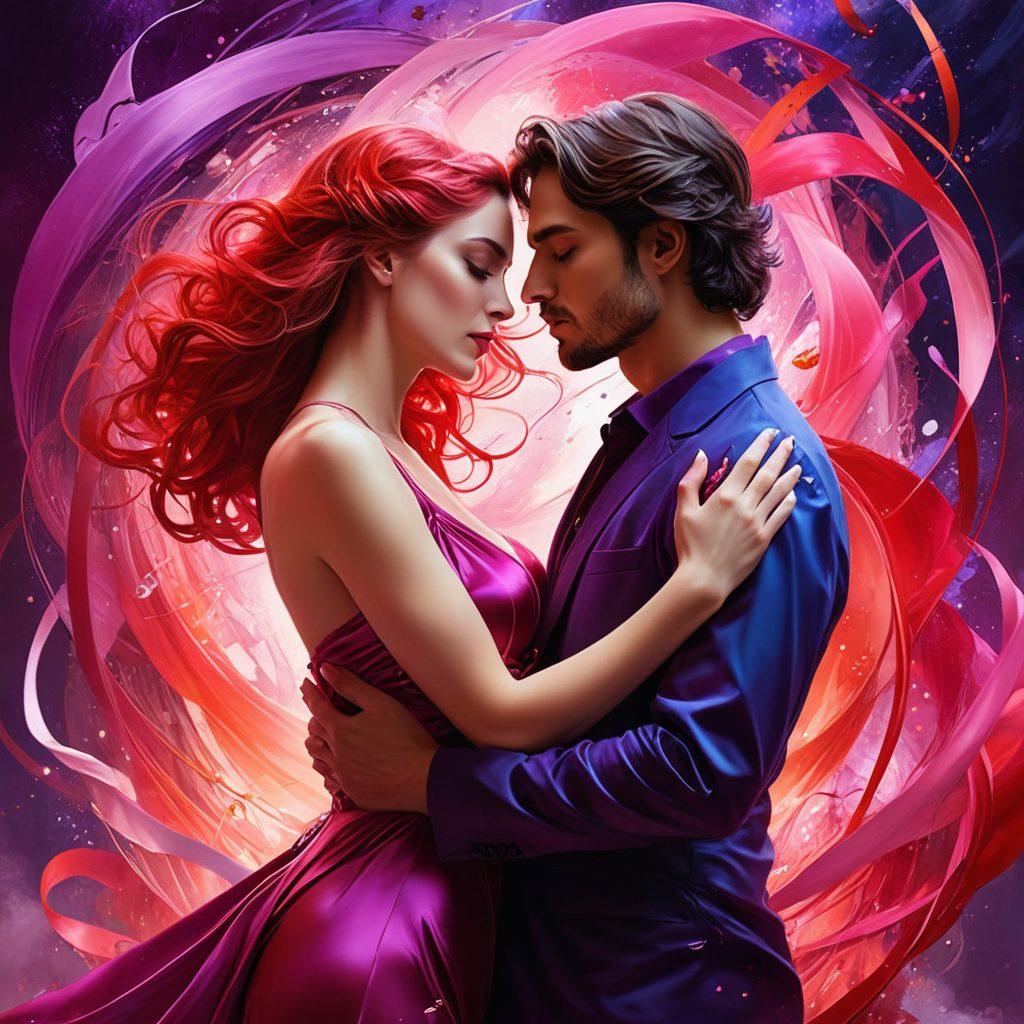 An abstract representation of desire and intimacy, featuring intertwining figures in elegant poses surrounded by vivid colors that evoke passion and fantasy. Subtle symbols of boundaries being crossed, like shattered glass or flowing ribbons, enhance the theme of exploration in adult entertainment. The background should be dreamy and surreal, incorporating elements of whimsy and allure. Art style: sensual digital painting with vibrant colors.